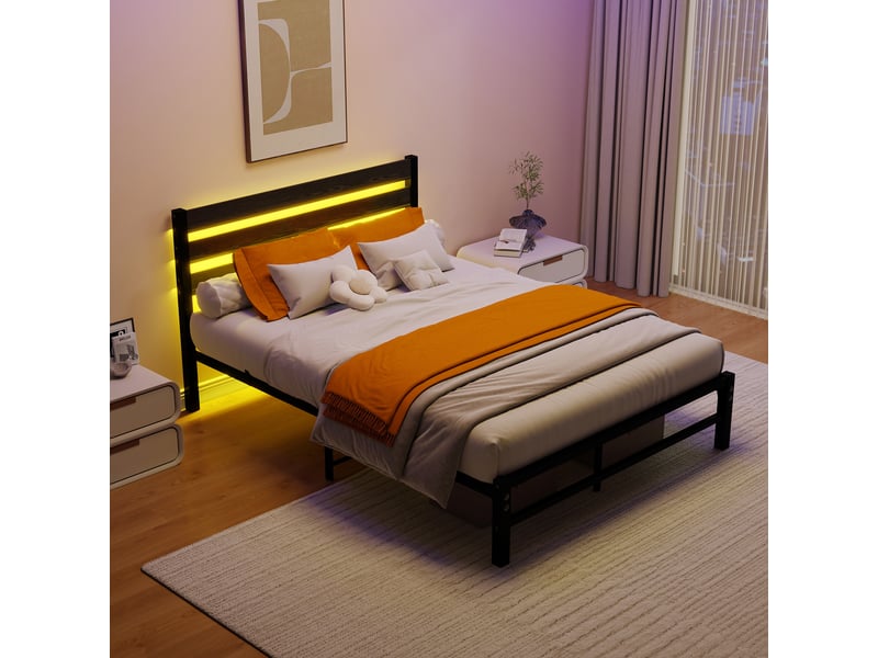  Lit double 140x200 cm, cadre de lit, led, port usb, tête de lit avec rangement, bois et métal noir  - Conforama D