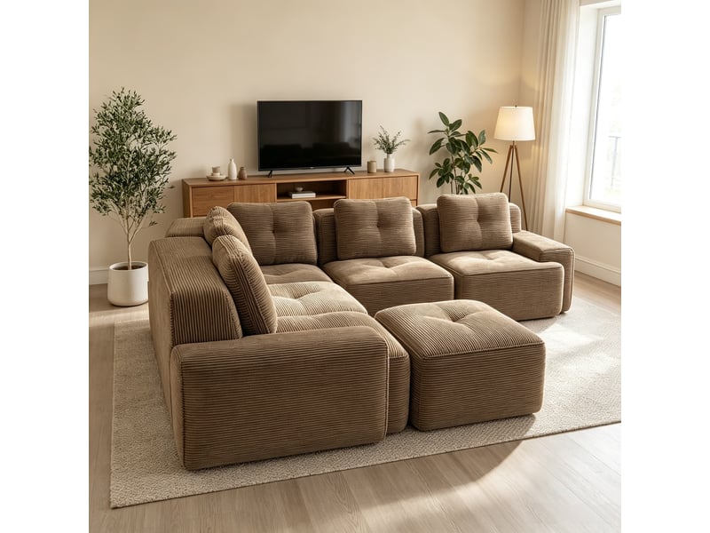 Canapé modulable avec ottomane pour salon ou bureau, velours côtelé rembourré, 69 × 295 × 295 cm, marron - Conforama D
