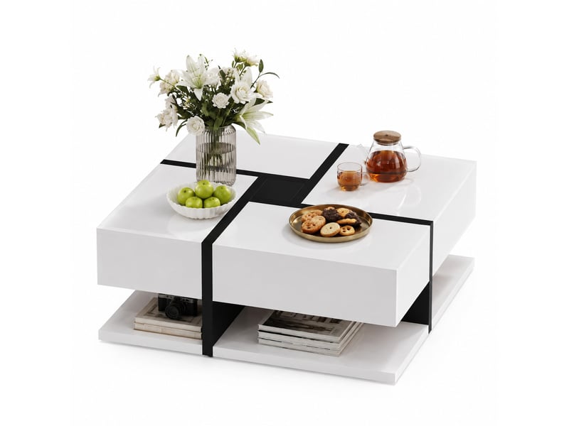  Table basse carrée avec 4 tiroirs et tablette inférieure, en panneaux de particules blanc et noir brillants, 78×78×36 cm  - Conforama A