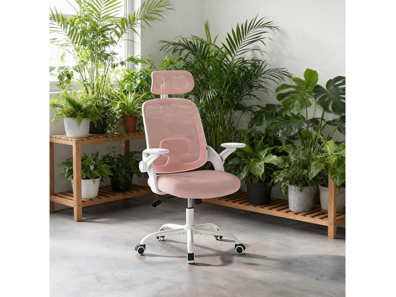  Chaise de bureau ergonomique dossier haut, appuie-tête réglable, accoudoirs 3d, maille rose  - Conforama W