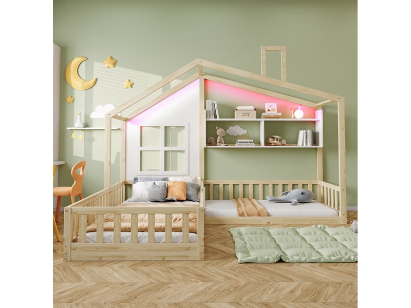  Lit cabane enfant tcqpz 90 x 200 cm led rangements sécurité bois naturel et blanc  - Conforama E