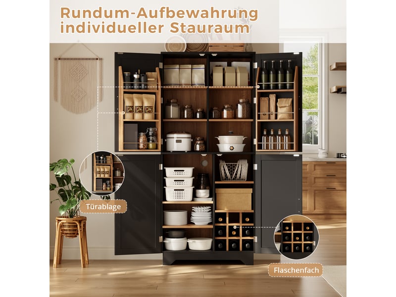  Armoire de cuisine 4 portes avec casier à vin en mdf noir et naturel 80x40x180 cm  - Conforama D