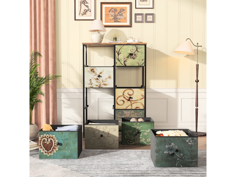  Commode de rangement, 100x67.5x30 cm, avec 8 tiroirs en tissu, cadre en métal et plateau en bois, style rétro, multicolore  - Conforama D