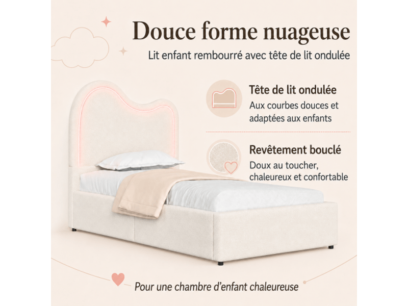 Lit simple 90x200 cm blanc tapissé avec rangement, tête rembourrée bouclée et vérin hydraulique - Conforama D