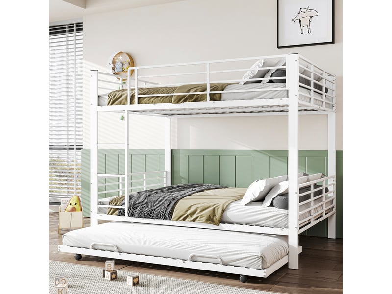  Lit superposé 3 places 140×200 cm avec lit gigogne - okmyhome- cadre en métal blanc mat, matelas non précisé  - Conforama B
