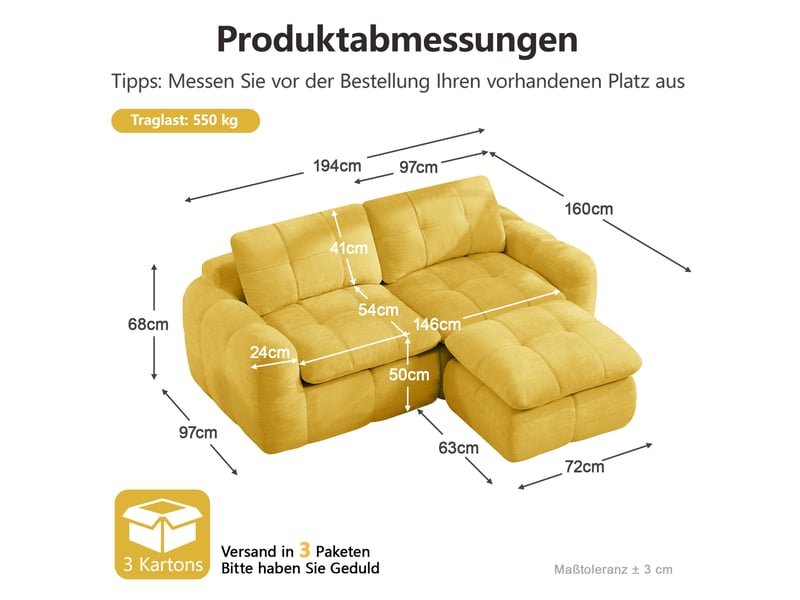  Canapé d'angle modulable 2 places modenvie avec ottoman, design matelassé, revêtement en chenille jaune, 194 x 160 x 68 cm  - Conforama C