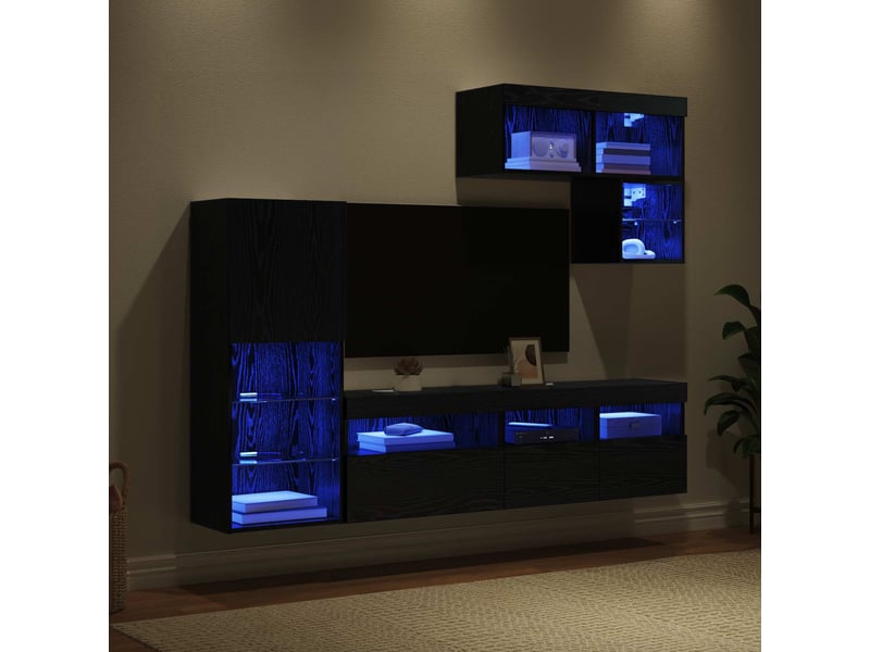  Meubles tv - banc tv - meuble de rangement muraux 6 pcs chêne noir bois d'ingénierie  - Conforama E
