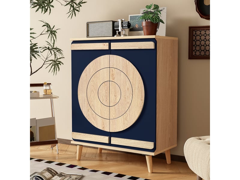  Meuble à chaussures design moderne 76x37x98.5 cm, portes rondes géométriques, rangement stable pour entrée  - Conforama B