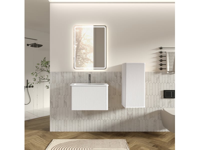  Armoire de salle de bain murale avec miroir led et meuble latéral, design moderne, pour salle de bain, blanc  - Conforama B