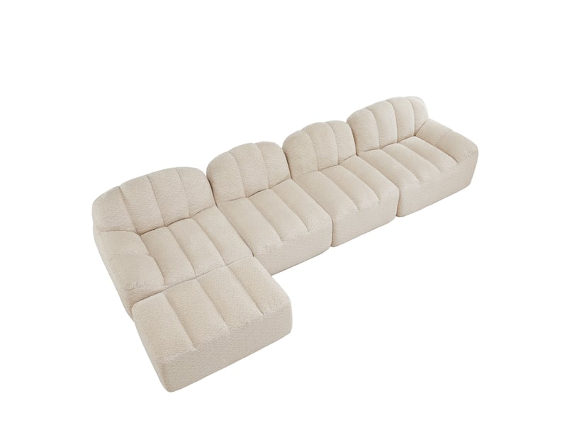  Canapé modulable 4 places avec ottoman, canapé d'angle sans dossier en tissu granuleux beige blanc, design contemporain  - Conforama W