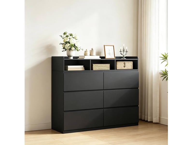  Commode noire 120 x 40 x 100 cm avec 6 tiroirs et 3 niches ouvertes, rangement  - Conforama E