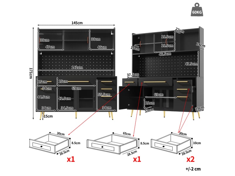  Buffet haut modenvie avec led et panneau perforé 145 x 39 x 171 cm noir mdf verre  - Conforama C