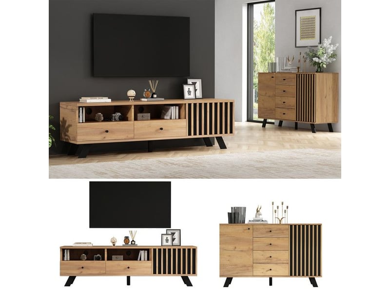  Ensemble de salon  - bois massif noir - buffet 120 cm - meuble tv 150 cm - rangement 5 niveaux  - Conforama B