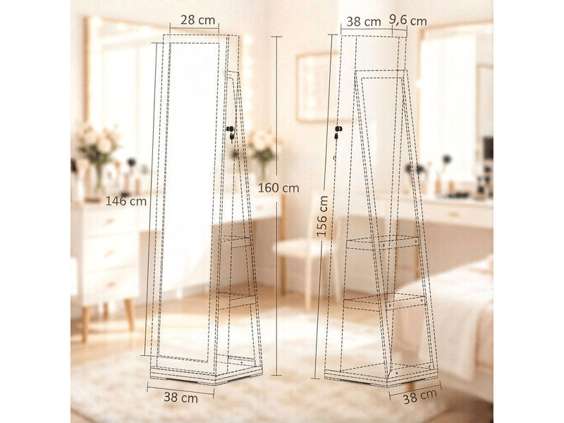  Psyché porte-bijoux pivotante 38x38x160 cm – blanche – miroir intégral verrouillable avec rangement  - Conforama C