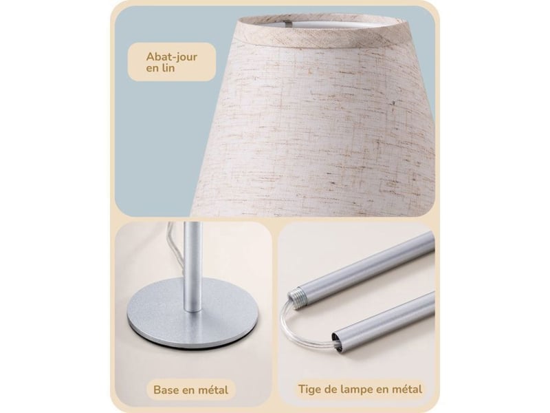  Lampe de chevet led lot de 2 2700k abat-jour lin beige e27 4w 370618_AACUS31389_6_DROPFR - Conforama B