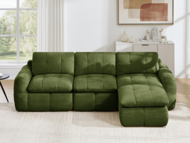  Canapé modulable d’angle en l 3 places avec pouf mobile, chenille vert  - Conforama B