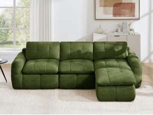 Canapé modulable d’angle en l 3 places avec pouf mobile, chenille vert