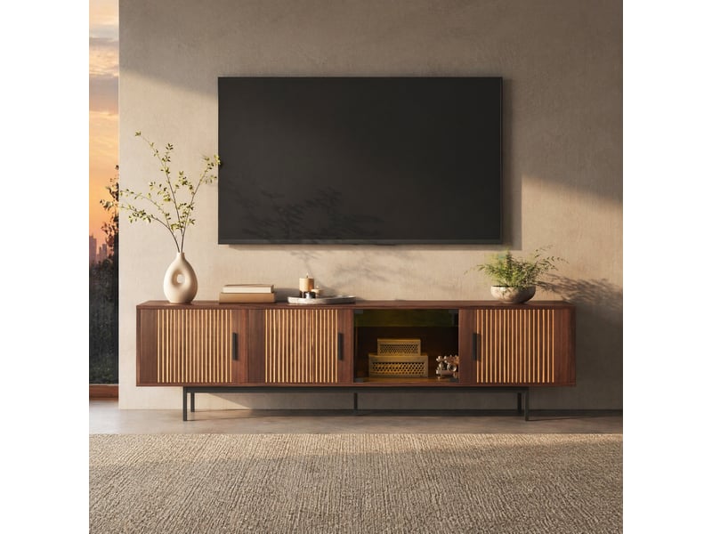  Meuble tv avec éclairage led et portes en verre pour salon 200×35×53 cm en panneaux de particules noir noyer  - Conforama B