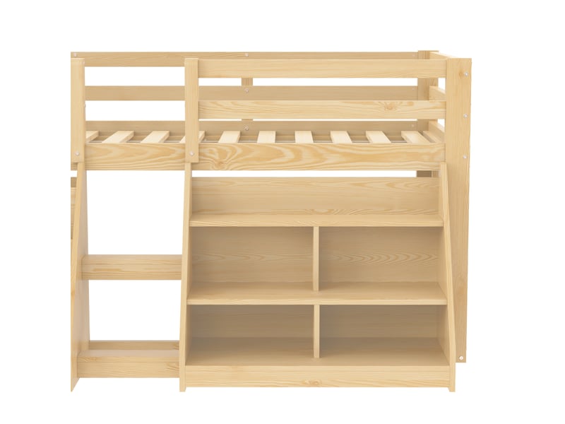  Lit mezzanine bas 90 × 200 cm, bois et mdf, led par application, rangements ouverts, échelle, sans matelas, naturel  - Conforama E