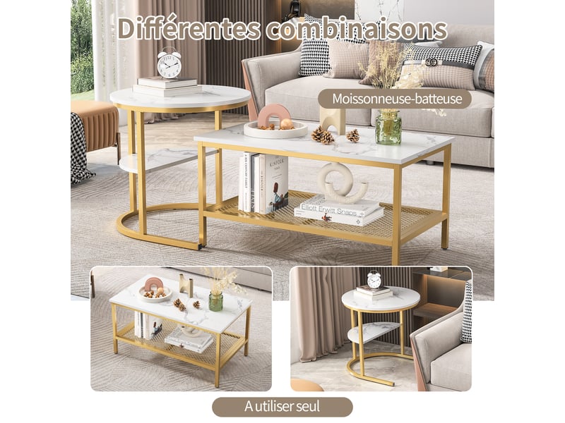  Lot de 2 tables basses, table gigogne design marbre, avec espace de rangement, cadre en métal, pour canapé, salon, chambre  - Conforama R