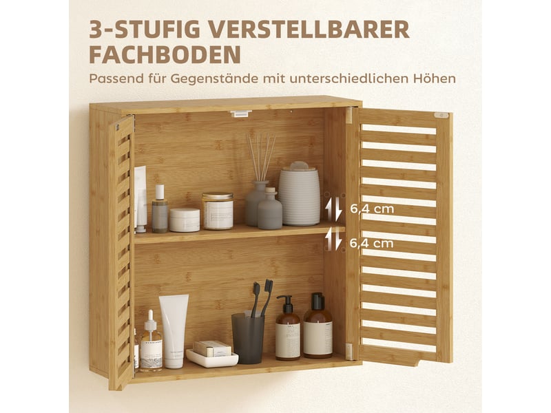 Armoire de salle de bain murale en bambou avec portes à lattes respirantes, étagère réglable, 60 x 20 x 60 cm, bois naturel - Conforama E
