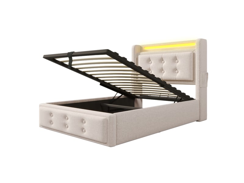  Lit simple rembourré 90x200, tête de lit led et usb-c, sommier lattes bois, cadre métal, 150 kg, beige, coton, avec matelas  - Conforama B