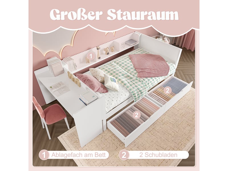  Lit simple 90x200 en bois blanc avec bureau intégré et 2 tiroirs  - Conforama E