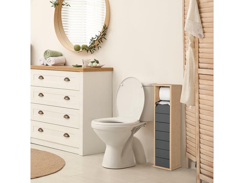 Meuble de salle de bain avec porte-papier toilette intégré, meuble gain de place avec étagère réglable en mdf et bambou, 18 x 18 x 75 cm - Conforama C