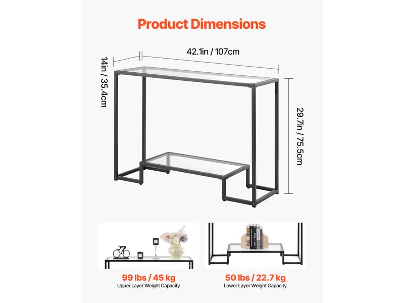  Vevor table console verre 2 niveaux, rectangulaire, moderne, noir.  - Conforama C