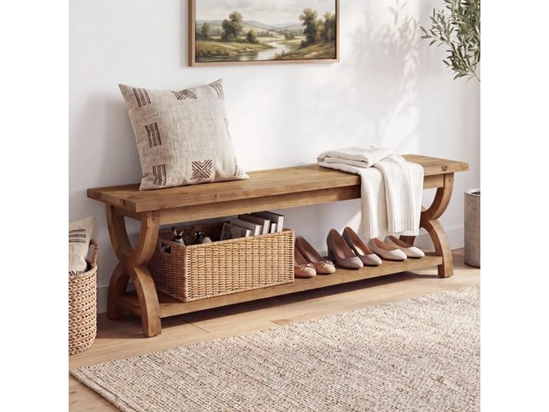  Banc de rangement pour chaussures en bois massif avec étagère à deux niveaux, banc d'entrée rustique avec rangement pour couloir, vestibule ou chambre ; banc long avec rangement pour cuisine et salon  - Conforama B