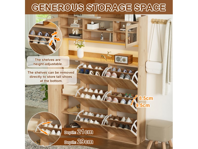  Meuble à chaussures 130 x 25 x 180 cm naturel en panneau de particules, 6 compartiments basculants à led  - Conforama E