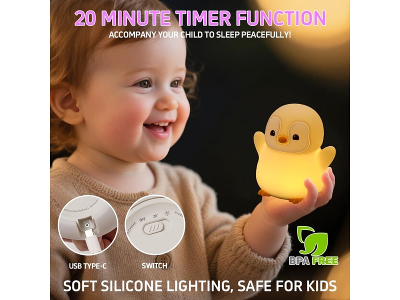  Veilleuse pingouin led pour enfants, lampe en silicone souple rechargeable, 2 niveaux de luminosité  - Conforama B