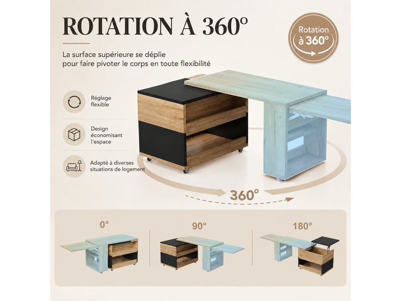 Table basse extensible multifonction avec plateau relevable, élément pivotant 360°, rangements, 161.5 cm, bois naturel et noir - Conforama E