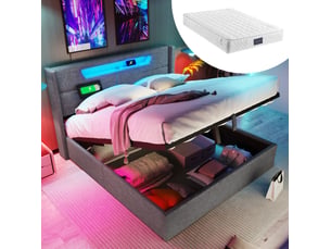Lit coffre 140 × 200 cm 2 places avec led réglable, usb et type-c, matelas inclus, tissu gris