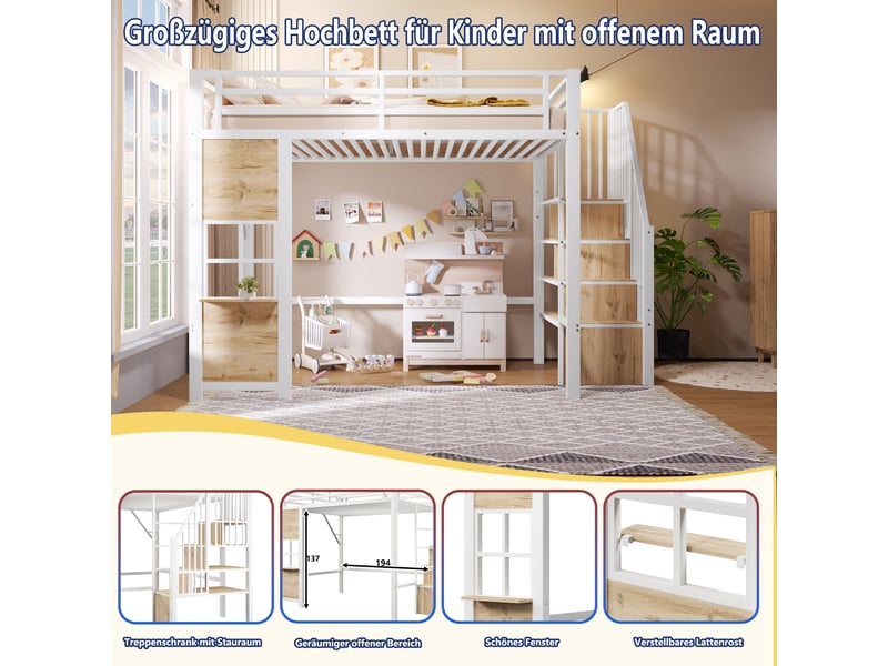  Lit mezzanine 140×200 cm avec escalier de rangement, étagères et barrière, métal et mdf blanc sans matelas  - Conforama C