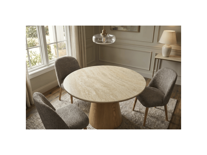  Table de salle à manger ronde lumea 120 cm en céramique beige avec pied central aspect bois – 4 places  - Conforama D