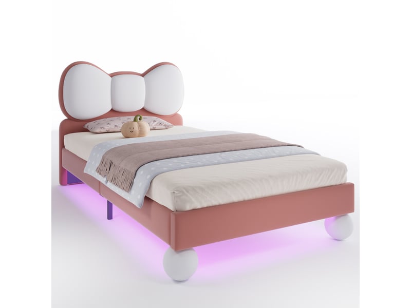  Lit enfant 90 × 200 cm 1 place avec led réglable et tête de lit nœud, sans matelas, en velours, rose  - Conforama A