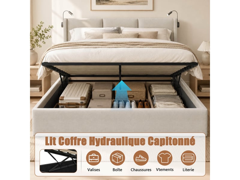 Lit coffre 160x200 avec sommier, led lit double avec usb et espace de rangement, capitonné cadre lits à lattes pour 2 personnes, beige lin - Conforama W