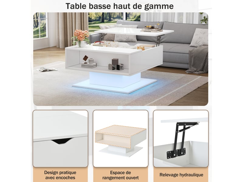  Table basse relevable avec rangement caché et niche semi-ouverte, led, pour salon, blanc, 80 × 75 × 40 cm  - Conforama E