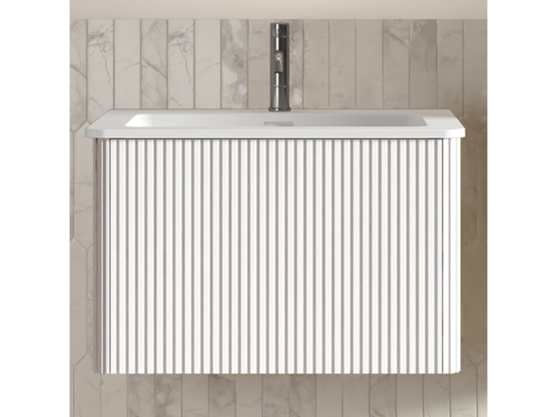  Meuble vasque suspendu 60 cm avec tiroir push open - meuble salle de bain prémonté blanc  - Conforama R