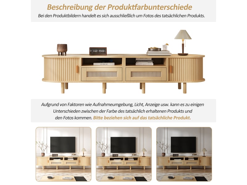  Meuble tv bois 170×40×40 cm, tv 70 pouces, mdf, 2 tiroirs décor rotin, 2 portes coulissantes, plateau ovale et 8 pieds  - Conforama E