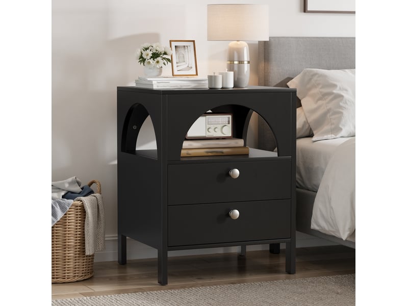  Table de chevet moderne 45x40x58 cm, 2 tiroirs, 1 niche ouverte, rangement multifonction, salon et chambre, mdf, noir  - Conforama B