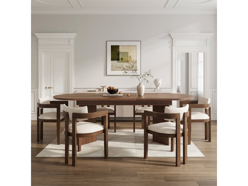  Ensemble table et chaises de salle à manger, table extensible 160/200 x 90 cm, 6 chaises en bois massif avec tissu en lin, style moderne, coloris noyer  - Conforama R