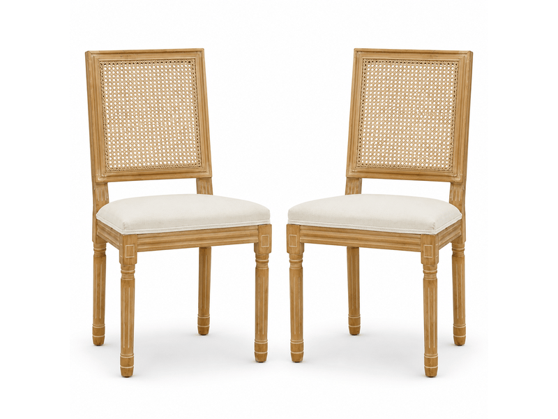 Lot de 2 chaises de salle à manger style ferme française, dossier carré en rotin tressé, assise en lin à ressorts, bois massif patiné  - Conforama A