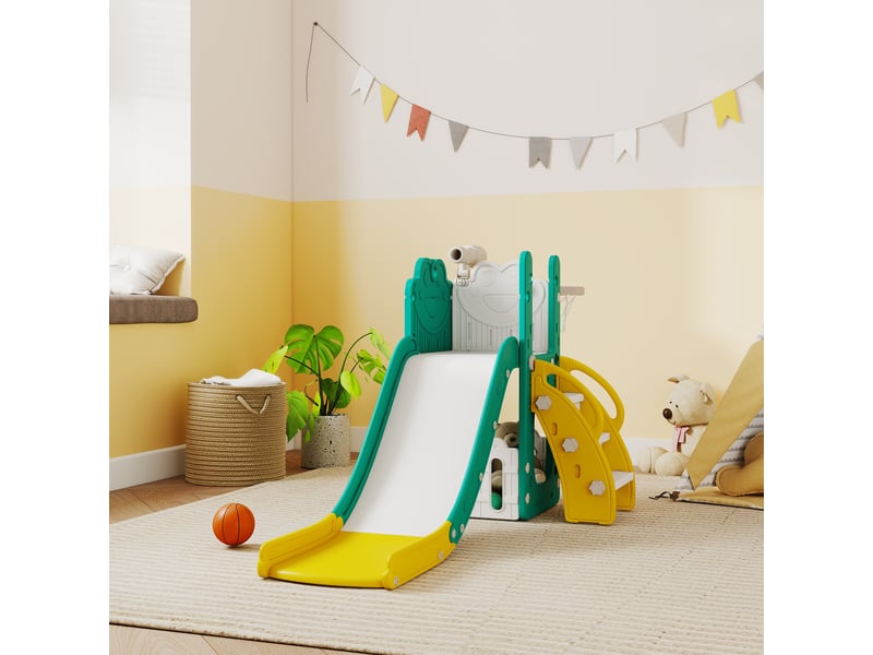  Toboggan pour tout-petits 5 en 1 toboggan autoportant pour enfant avec panier de basket, télescope, 178x70x86cm, jaune  - Conforama B