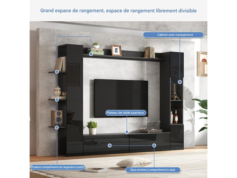  Ensemble meuble tv mural avec rangements en mdf noir 245x30x170 cm - pangivo  - Conforama D