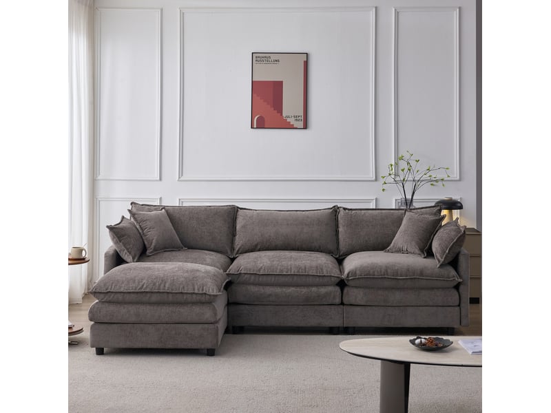  Canapé d’angle 3 places, canapé modulable avec pouf en chenille gris, 267x154x85 cm  - Conforama B