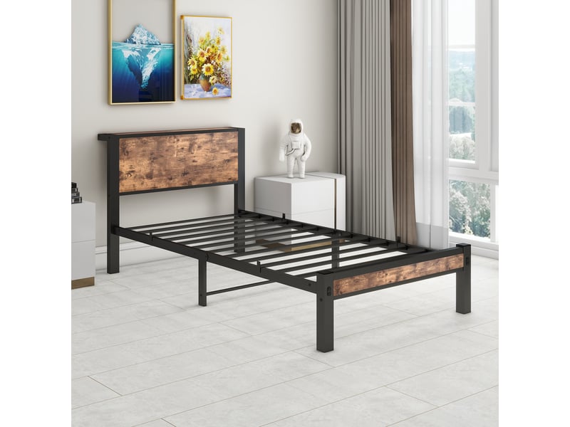  Lit enfant 90x200 cm avec sommier à lattes, lit métal avec bois brun antique, sans matelas  - Conforama R