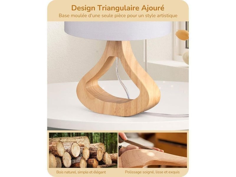  Lampe de chevet style scandinave 34 cm abat-jour lin blanc base chene clair e27 2700k led 370618_AAAYP05865_6_DROPFR - Conforama C