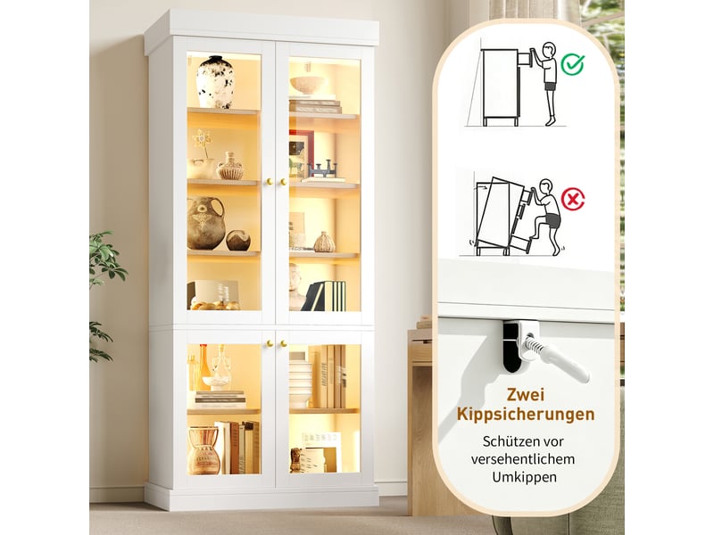  Vitrine lot de 2 avec 4 portes vitrées, 160 x 40 x 180 cm, éclairage led, étagères réglables et double anti-basculement, mdf, blanc Morn Vibe - Conforama E